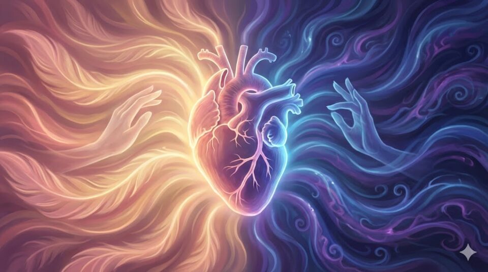 夢占い 抱きしめられる夢 感情・行動別の挿絵。輝く心臓から放たれる温かい光と冷たい光の波と、それに触れる手の表現。