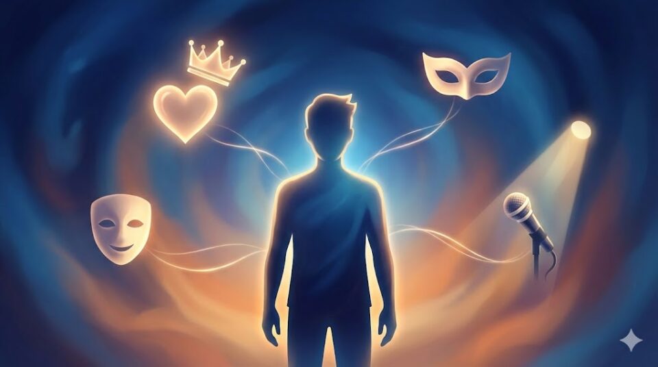 夢占い デートの夢 原因・対象別の挿絵。人物のシルエットの周りに、ハート、仮面、マイクのアイコンが浮かぶ抽象画。