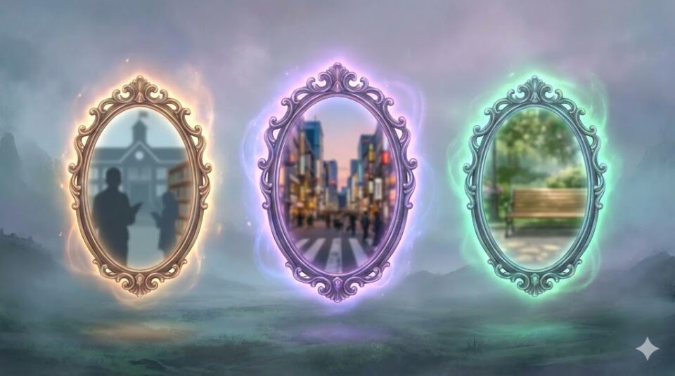 夢占い 振られる夢 場所・状況別の挿絵。学校、街中、公園という異なる場所の景色を映し出す、三つの幻想的な魔法の鏡のイラスト。