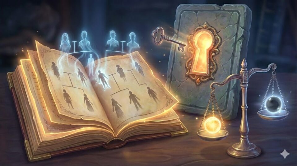 夢の原因や対象を探ることを象徴する挿絵。光る系譜図が浮かび上がる古い書物、鍵と鍵穴、天秤が描かれた幻想的なイラスト。