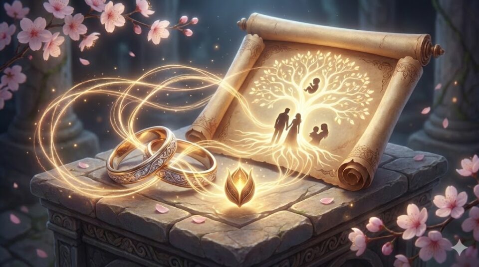 妊婦の夢における原因や対象を象徴する挿絵。絡み合う結婚指輪から伸びる光の糸が、家族のシルエット