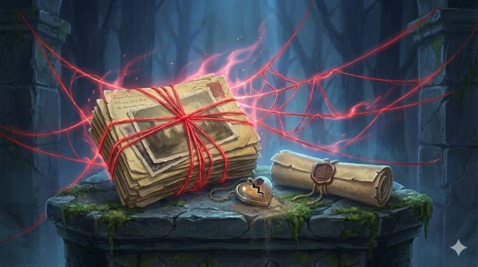 ストーカーの夢における原因や対象を象徴する挿絵。赤い糸で縛られた古い手紙の束、壊れたハートのロケット