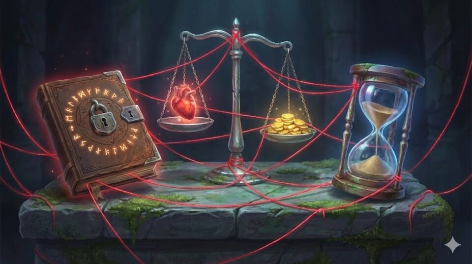 泥棒の夢における原因や対象を象徴する挿絵。欲望や因縁を示す赤い糸