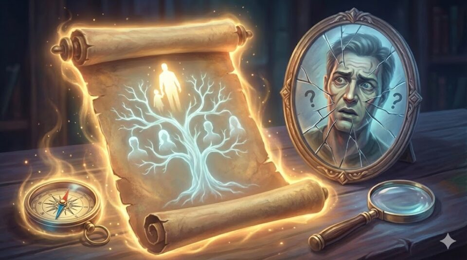 父親の夢における原因や対象を象徴する挿絵。光る家系図の巻物