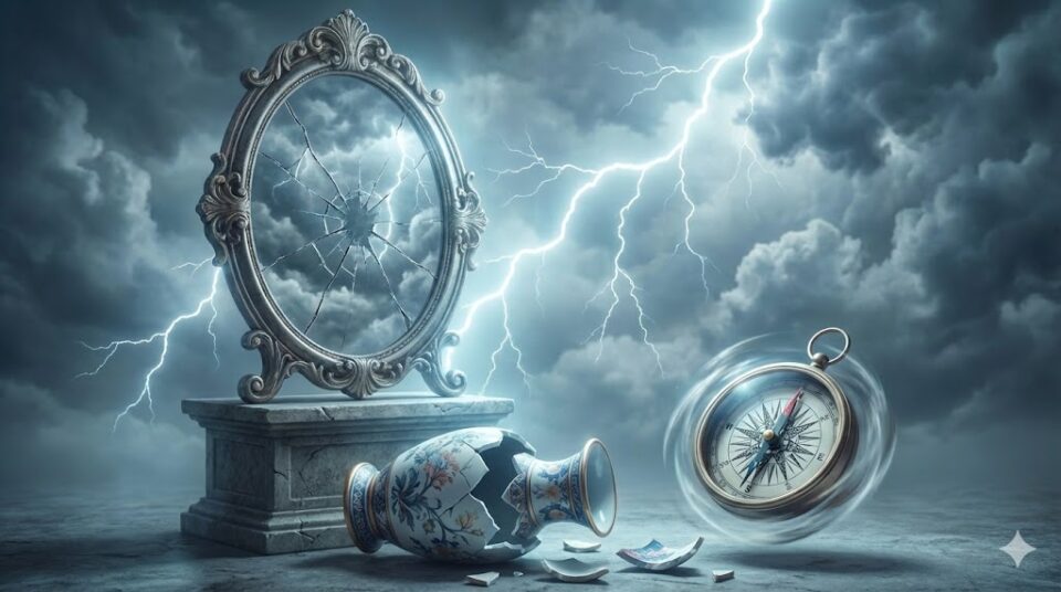 母親の夢におけるトラブルや変化を象徴する挿絵。ひび割れた鏡、嵐の空、壊れた壺、狂った羅針盤