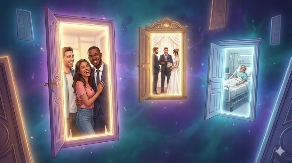 夢占い 元彼の現状と変化。新しいパートナー、結婚式、病床など、異なる未来のシナリオが映し出された複数の魔法の扉が浮かぶ幻想的なイラスト。
