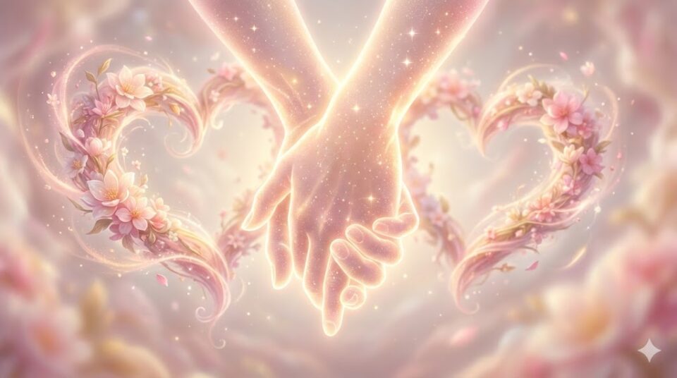 夢占い 友達の夢 恋愛 スキンシップ 光る手と花のハートのイラスト