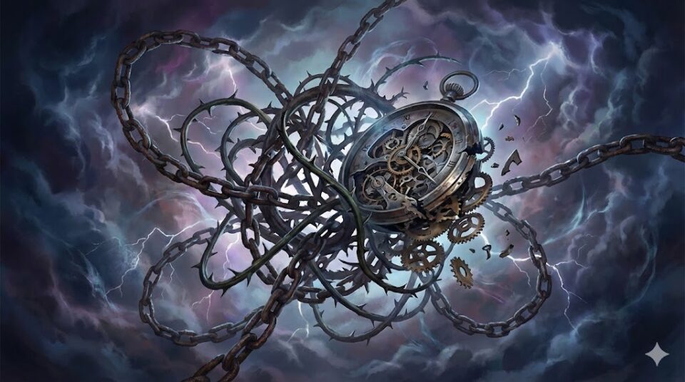 夢占い 同僚の夢 場所 状況 トラブル 嵐の中で絡まり合う鎖と壊れた時計のイラスト