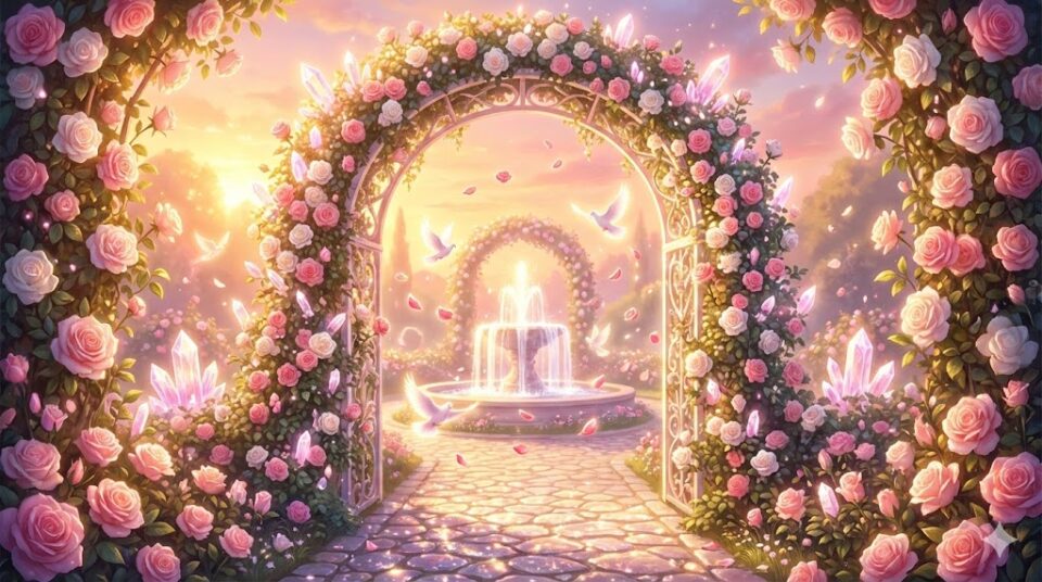 夢占い 恋愛の夢 場所 状況 恋愛運アップのサイン 美しい薔薇のアーチと祝福の泉のイラスト