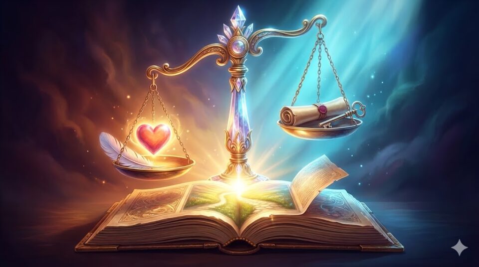 夢占い 告白の夢 感情 行動 結末 感情を量る天秤と未来を示す開かれた本のイラスト