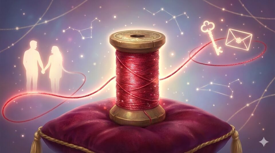 夢占い 原因 対象 運命の赤い糸が人影や鍵と手紙に繋がる幻想的なイラスト