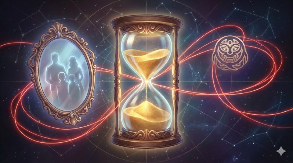 夢占い 祖父 原因 対象 砂時計と赤い糸、鏡に映る家族のシルエット