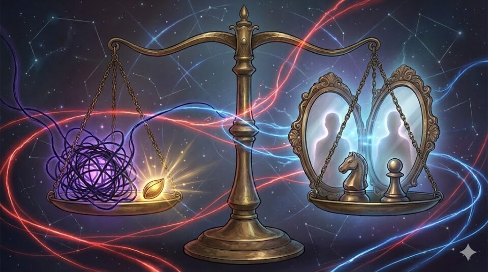 夢占い 弟 原因 対象 天秤が絡まった糸(原因)と鏡・駒(対象)のバランスを示し、エネルギーが流れる抽象的なイラスト