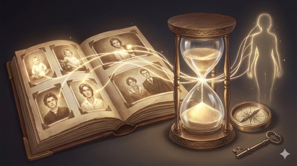 夢占い 卒業式 原因 対象 古いアルバムの写真から光の糸が伸び、砂時計と未来の自分のシルエットを繋ぐ抽象的なイラスト