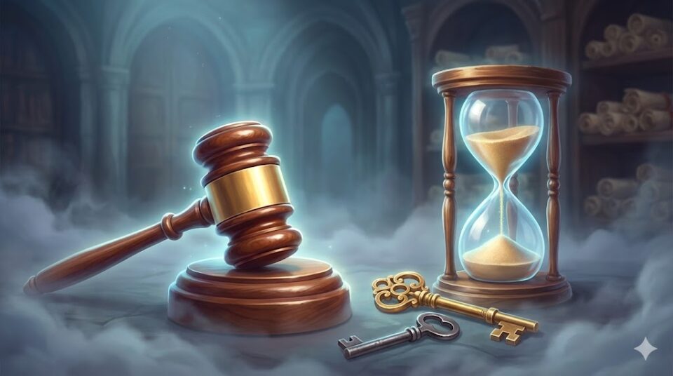 離婚する夢の意味 場所・状況別 挿入画像。霧に包まれた古代の法廷のような場