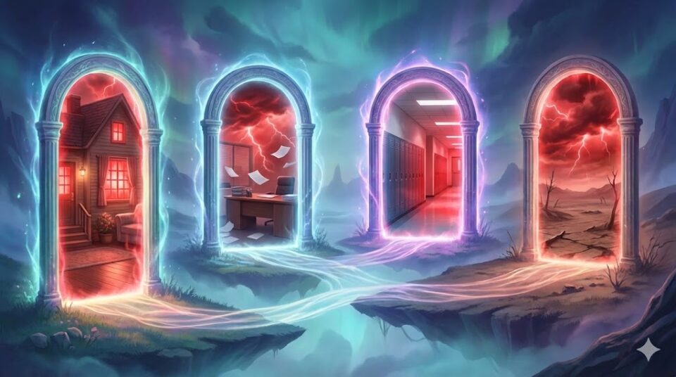 夢占い 怒る夢 場所・状況別 家、職場、学校、荒野につながる魔法の扉のイラスト