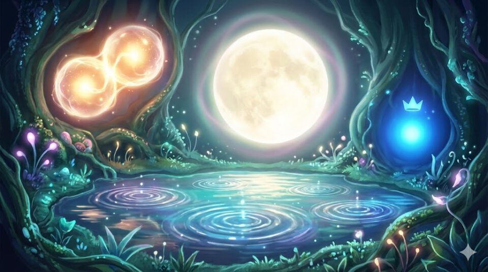 夢占い 妊娠 状態 双子 臨月 胎動 男の子 成長段階の異なる神秘的な卵や、胎動を思わせる光の波紋、男の子を象徴する青い光が描かれた抽象的なデジタルアート。