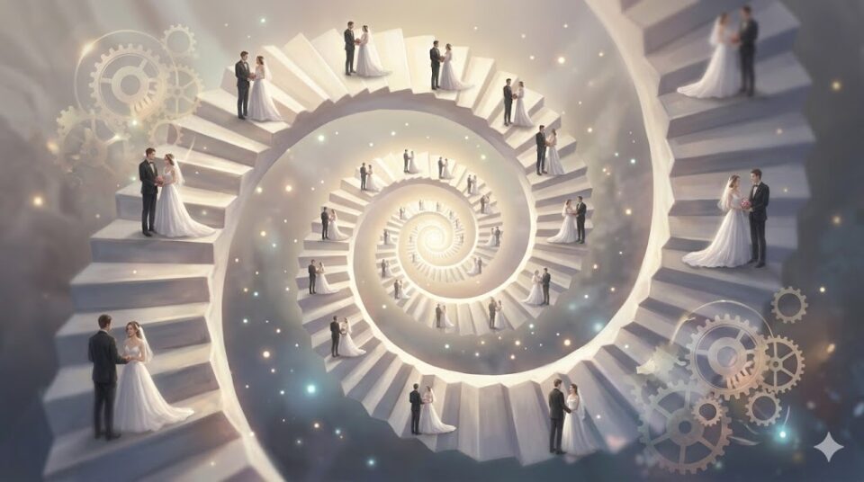 夢占い 元彼 結婚 何度も見る 無限の螺旋に続く結婚式のシーンの概念図