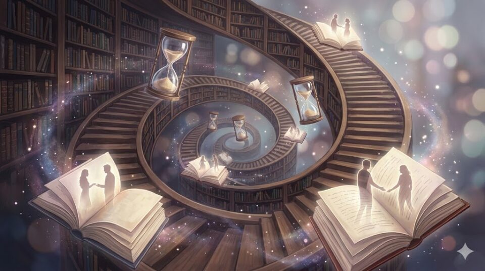 夢を何度も見る(繰り返し、記憶の整理)ことを象徴する、幻想的なイラスト