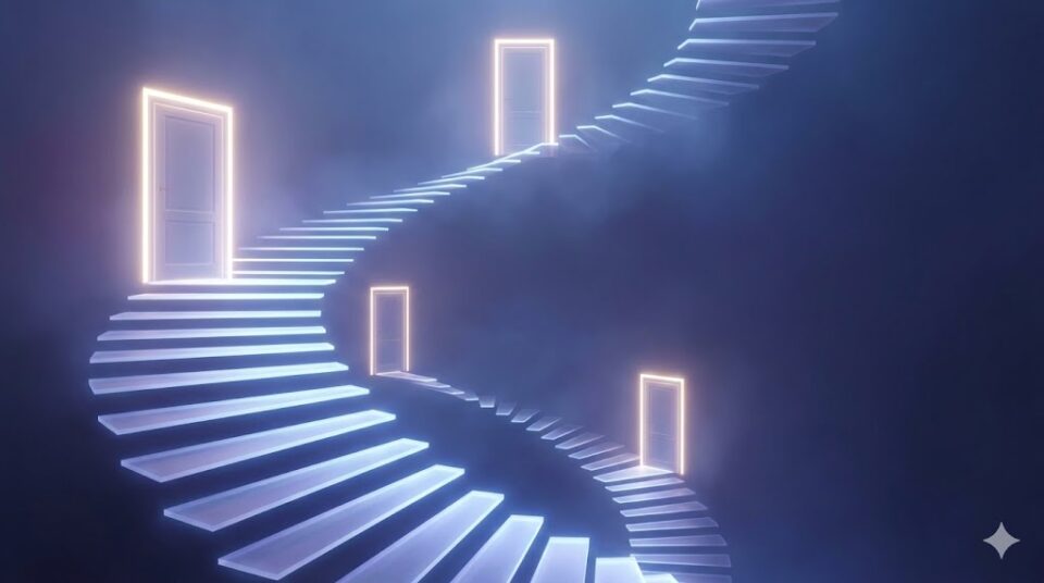 夢占い 元彼とデート 何度も見る理由を象徴する、螺旋状に続く光の階段と繰り返される光の扉のイラスト。
