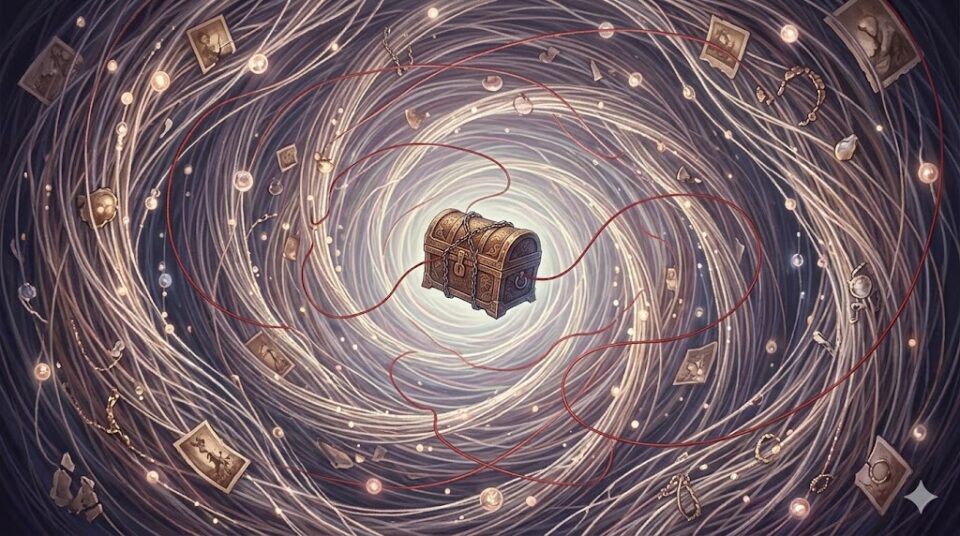 元彼と喧嘩する夢を何度も見る理由を象徴する、無限に続く記憶の渦と開かない宝箱、執着の赤い糸のイラスト