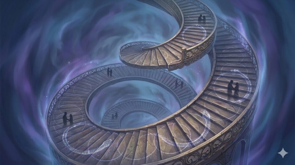 元彼と再会する夢を何度も見る理由を象徴する、終わりのない螺旋階段とウロボロスの蛇、循環する光のイラスト