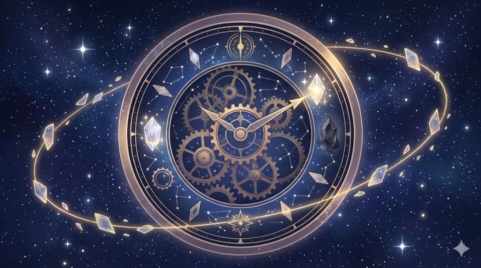 元彼と話す夢を何度も見る理由を象徴する、終わりのない螺旋階段とウロボロスの蛇、循環する光の幻想的なイラスト