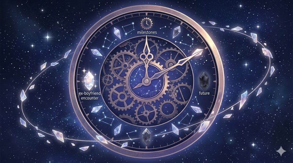 元彼が出てくる夢を何度も見る理由を象徴する、終わりのない記憶の軌道と繰り返すクロックの幻想的なイラスト