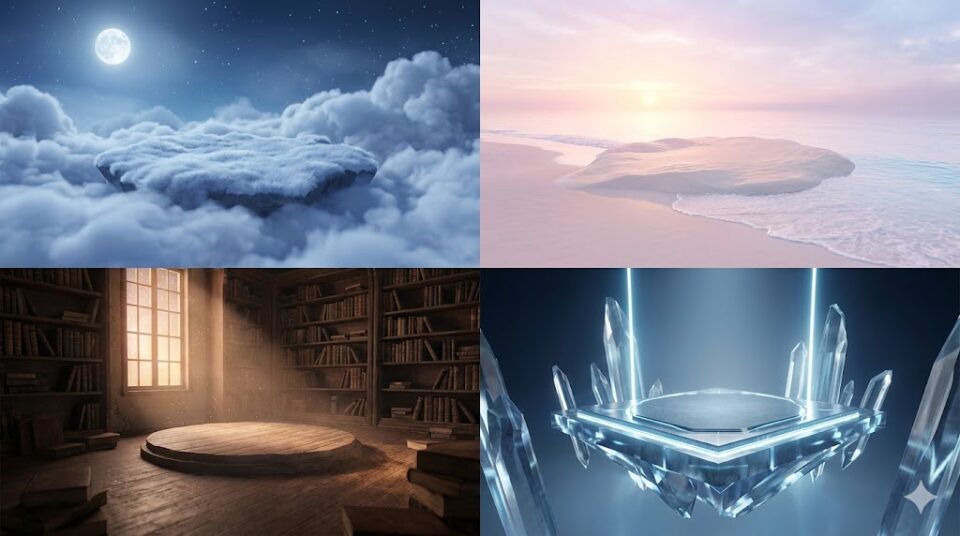 添い寝する夢の意味【場所・状況別】 浮かぶ雲や海辺、古い書庫のステージを幻想的な光が照らすイラストレーション