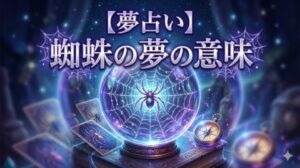 夢占い 蜘蛛の夢の意味 タイトル文字と水晶玉の中の蜘蛛と巣、タロットカードの幻想的なイラスト