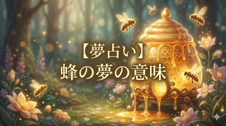 夢占い 蜂の夢の意味を象徴する、黄金の蜂蜜が滴る幻想的な蜂の巣と飛び交う蜂のアイキャッチ画像