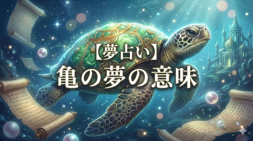夢占い 亀の夢の意味を象徴する、古代の巻物と宝玉に囲まれた幻想的なウミガメのアイキャッチ画像