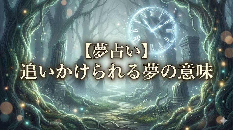 夢占い 追いかけられる夢の意味を象徴する、幻想的な森と時計、影の人物が描かれたアイキャッチ画像