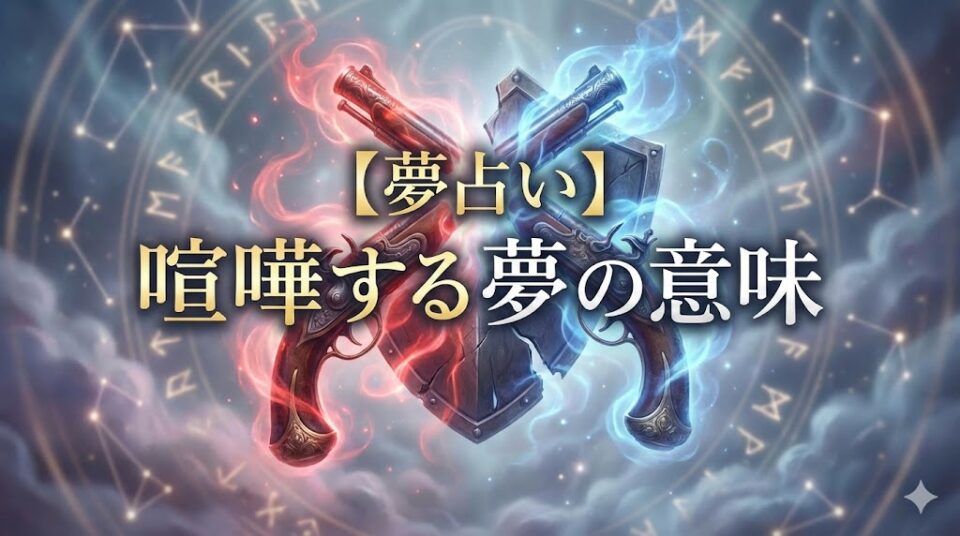 夢占い 喧嘩する夢の意味 タイトル文字入り 対立する赤と青のエネルギーと古代の銃の幻想的なイラスト