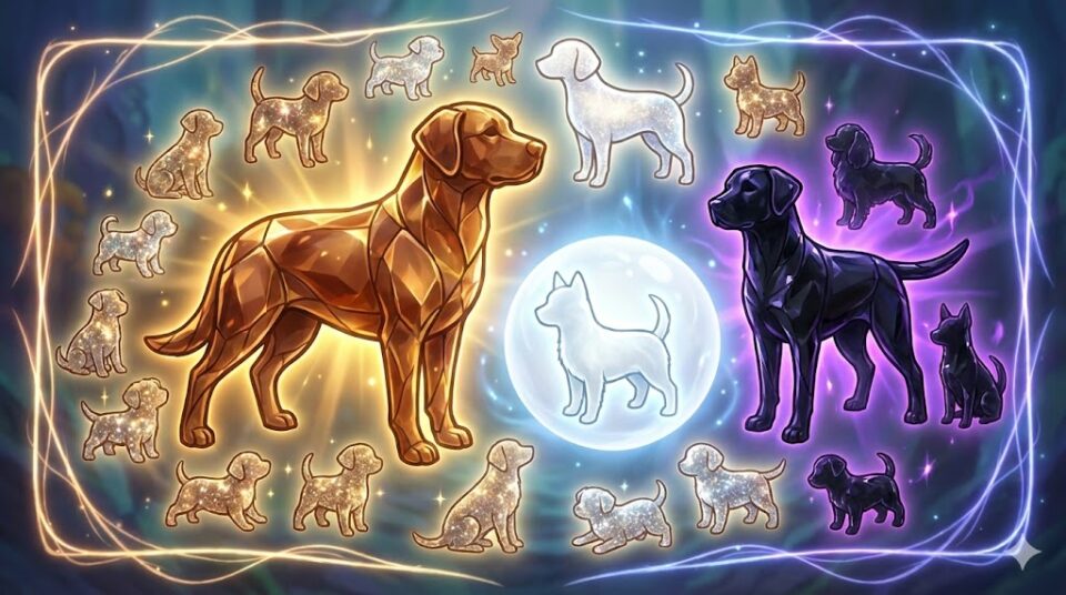 夢占い 犬 色 特徴 運気 茶色、白、黒、大型、小型の犬のシルエットが宝石のように輝くステンドグラス風イラスト