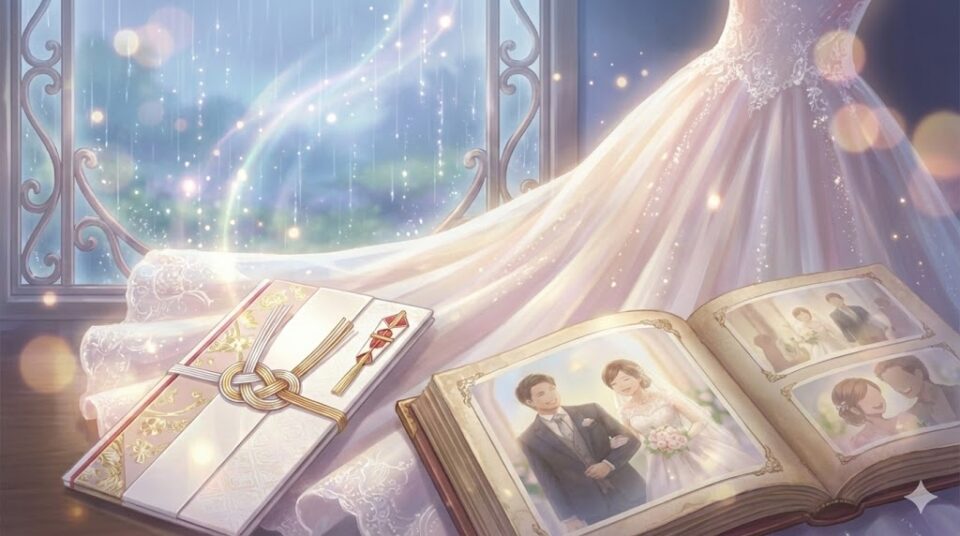 夢占い 結婚式の詳細(ドレス、ご祝儀、写真、雨)を象徴する幻想的な静物画イラスト