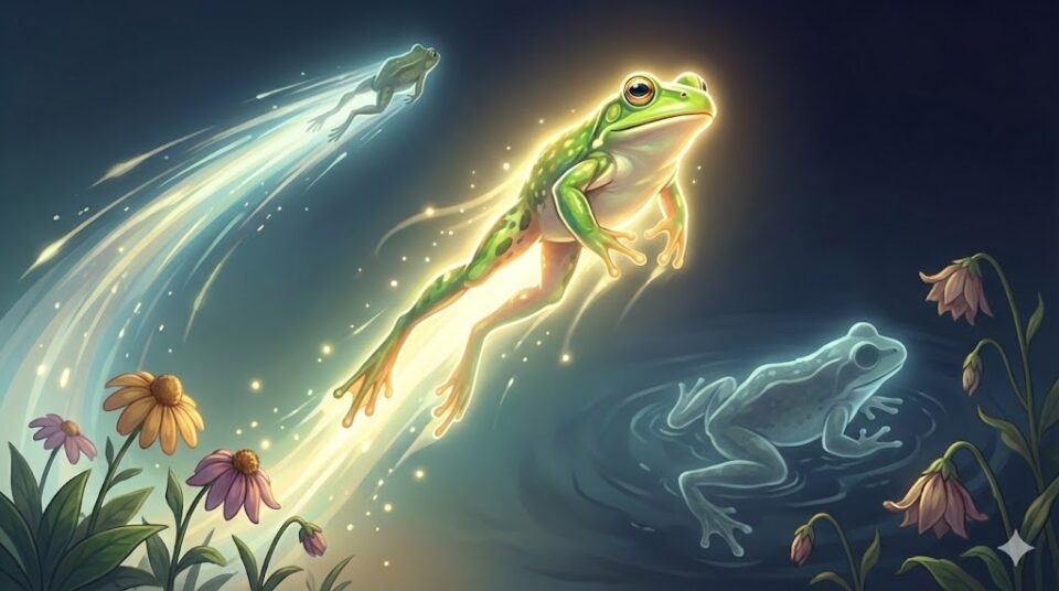 夢占い カエルの夢の結末(生き返る、死ぬ、逃げる、跳ねる)を象徴する幻想的なイラスト