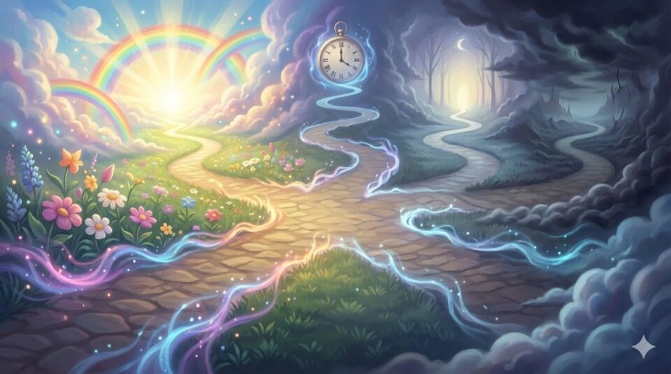 夢占い 出産の結末(嬉しい、産まれない、死産、泣かない、嫌な予感)を象徴する分岐する道の幻想的なイラスト