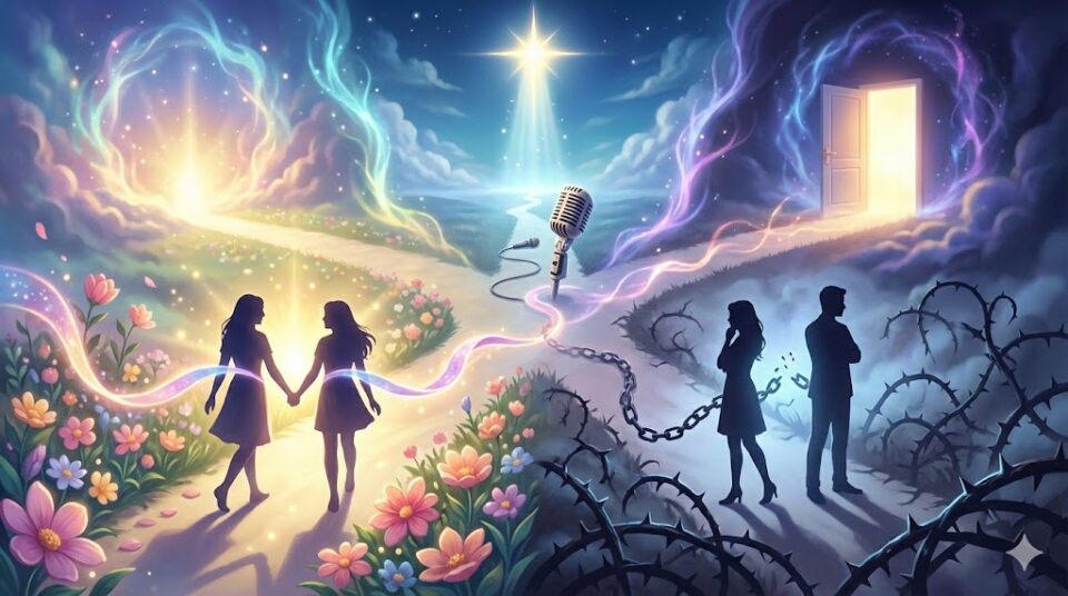 夢占い 芸能人の夢の結末(仲良くなる、振られる、死ぬ、引退、新しい始まり)を象徴する分岐する道の幻想的なイラスト