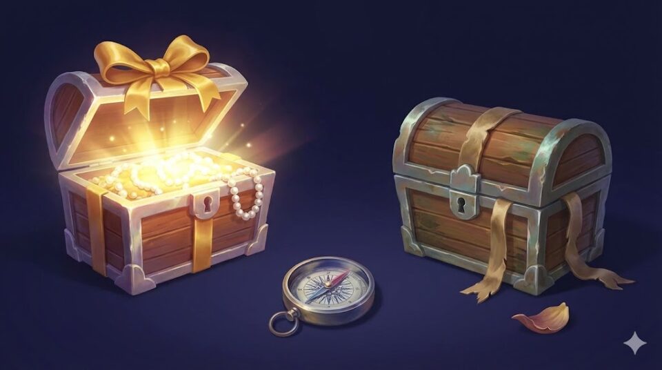 キスの夢 結末別 開いた輝く宝箱と閉じて古びた宝箱、羅針盤の対比イラスト