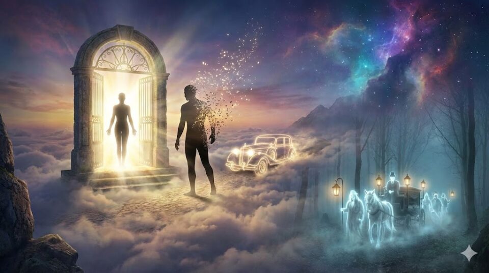 夢占い 亡くなった人 状況 現象 光の扉から現れるシルエットと昇天するシルエット、空飛ぶクラシックカーと葬列の幻想的なイラスト