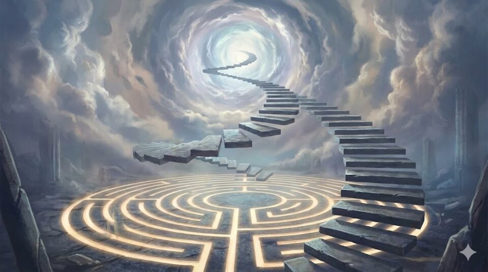 夢占い 追いかけられる夢の場所(階段、迷路)を象徴する、終わりのない螺旋階段と光る迷路の幻想的なイラスト