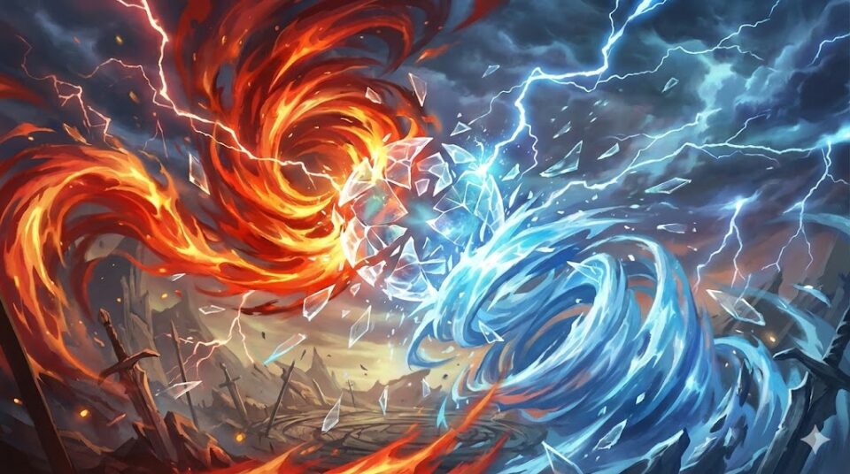 夢占い 激しい喧嘩の夢 炎と氷の渦が衝突し水晶が砕け散るダイナミックな幻想イラスト