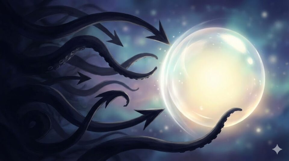 夢占い 迫りくるゴキブリの動きと不安。暗闇から伸びる影の触手や矢印が、光り輝く自己の領域(結界)に阻まれている様子を描いたイラスト。