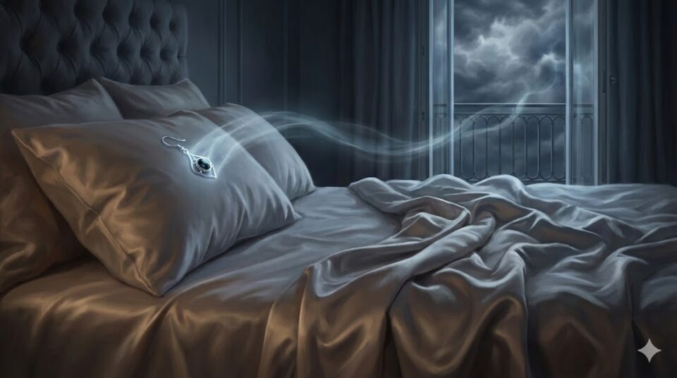 夢占い 浮気される夢 状況別 乱れたベッドに残された見知らぬピアスと嵐の夜のイラスト