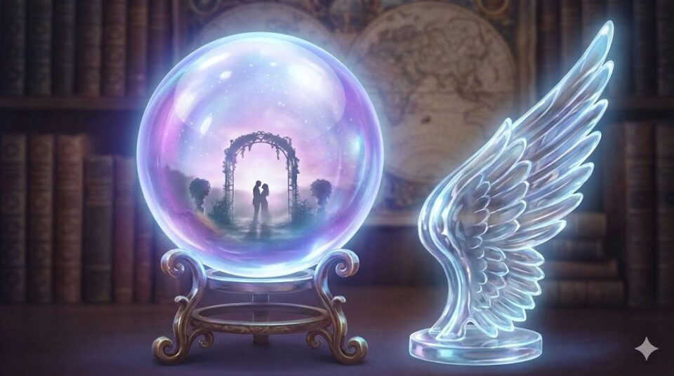 夢占い プロポーズの夢 第三者 その他 水晶玉に映るプロポーズのシルエットと天使の翼のイラスト