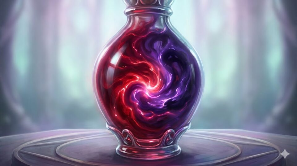 夢占い 自分が不倫する夢 感情別 赤と紫の液体が渦を巻く小瓶のイラスト
