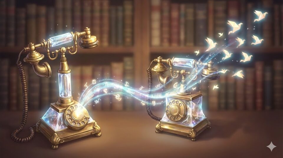 元旦那との接触やコミュニケーションの夢を象徴する、魔法の光と折り鶴でメッセージを伝える二つのアンティーク電話機の幻想的なイラスト。