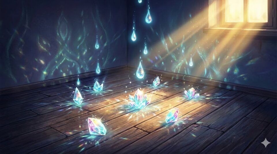 別れる夢 感情 行動 暗い部屋で涙が光り輝く結晶に変わり部屋を浄化する様子を描いた幻想的なイラスト