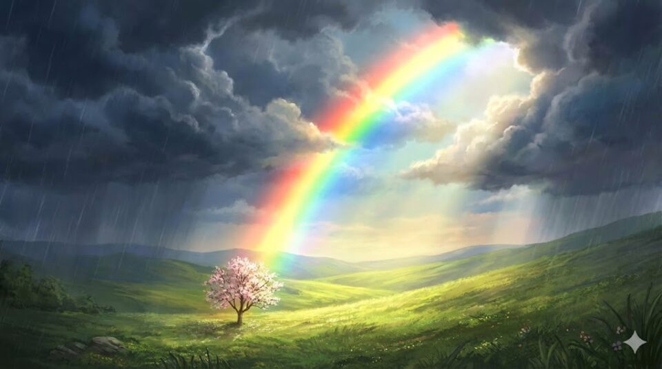 復縁する夢 感情 結末別を象徴する、嵐が去り虹がかかる風景と一本の咲き誇る木